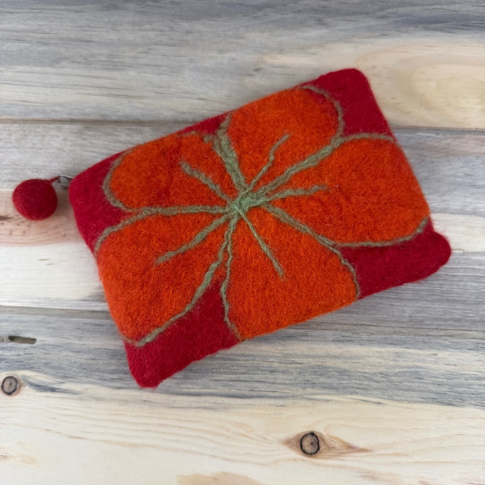 Boiled Wool Zipper Clutch  Made in Nepal Red Orange Floral